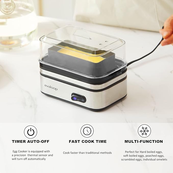 Evoloop Rapid Electric Egg Cooker - 6 Eggs, Boiled Eggs, Poacher, Omelet Maker, Auto Shut-Off, BPA Free