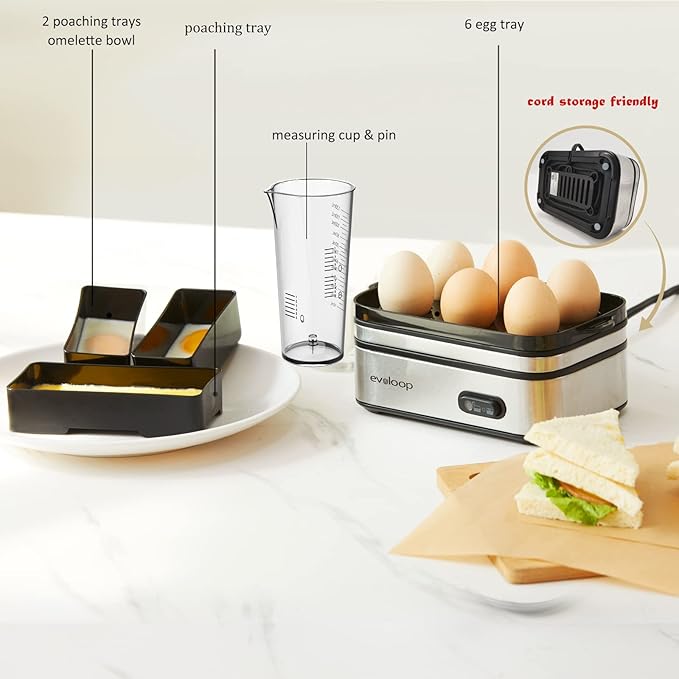 Evoloop Rapid Electric Egg Cooker - 6 Eggs, Boiled Eggs, Poacher, Omelet Maker, Auto Shut-Off, BPA Free