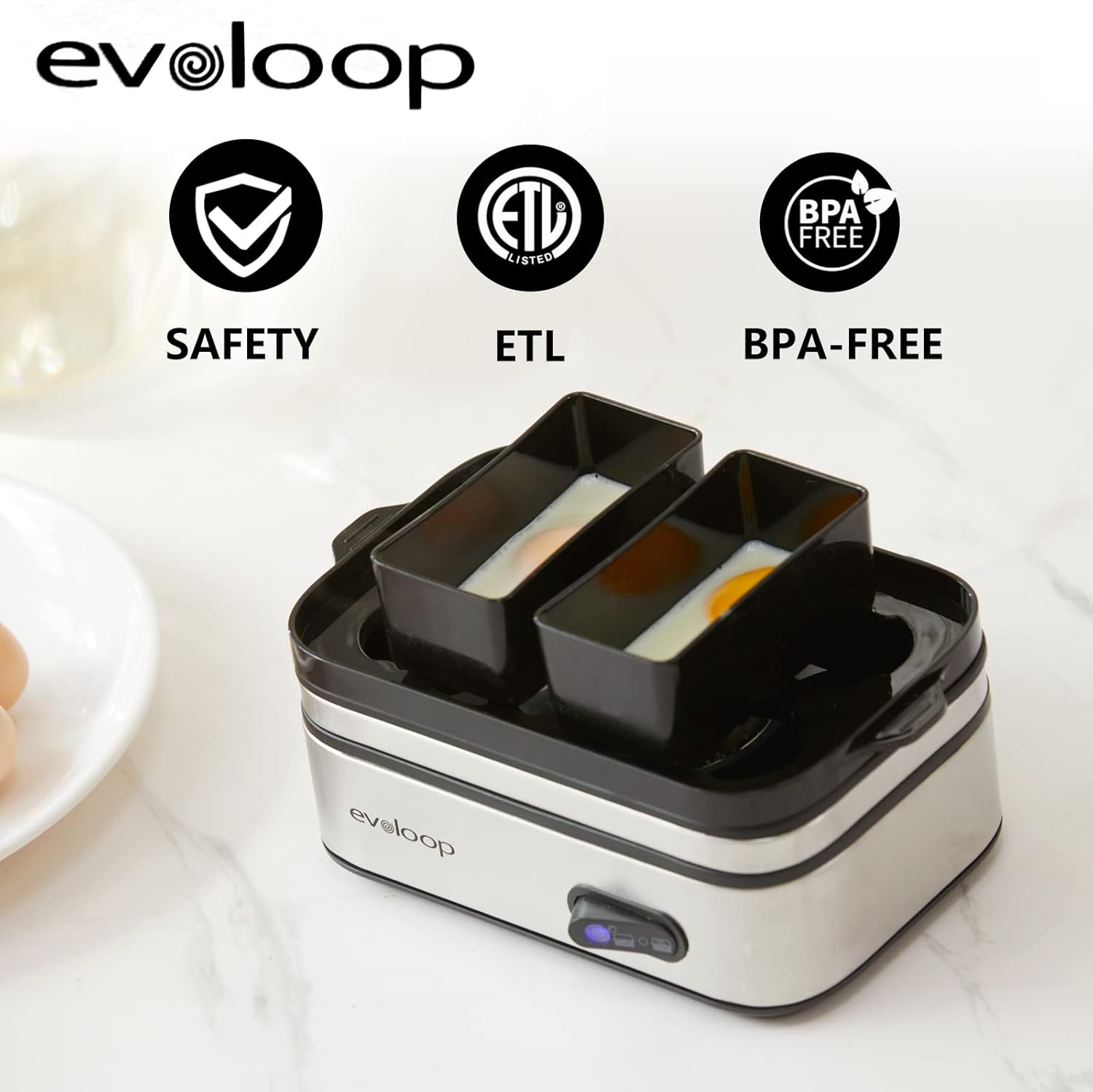 Evoloop Rapid Electric Egg Cooker - 6 Eggs, Boiled Eggs, Poacher, Omelet Maker, Auto Shut-Off, BPA Free