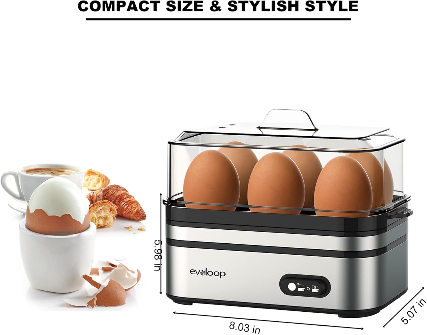 Evoloop Rapid Electric Egg Cooker - 6 Eggs, Boiled Eggs, Poacher, Omelet Maker, Auto Shut-Off, BPA Free